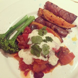 Sweet potato wedges and bean chilli